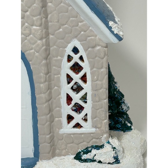 Vintage Ceramic Light Up winter Church Village Blue Steeple Stained Glass Look - Picture 12 of 16